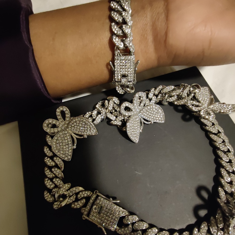 Necklace Set, Rhinestone Cuban Link, Butterfly - Picture 2 of 9